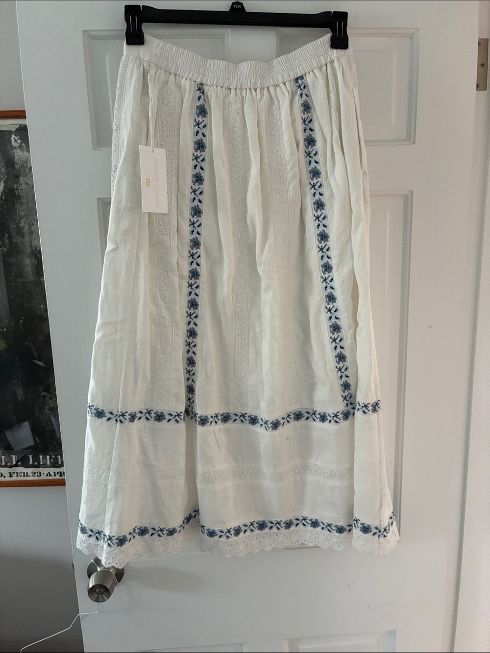 Caroline Constas White Midi Skirt with Blue Embroidered Trim